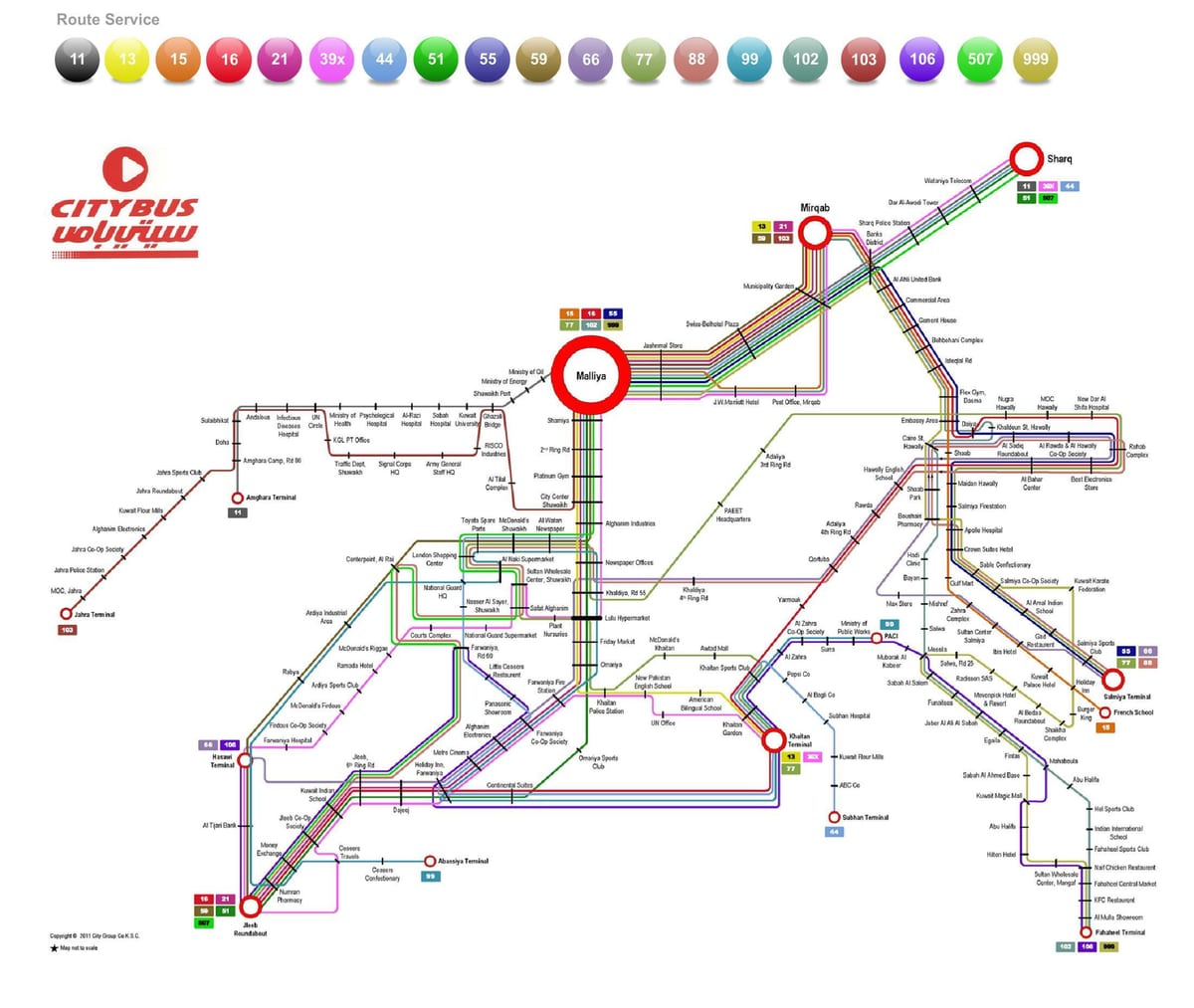 คูเวตเมืองรถบัส 999 นแผนที่เส้นทาง
